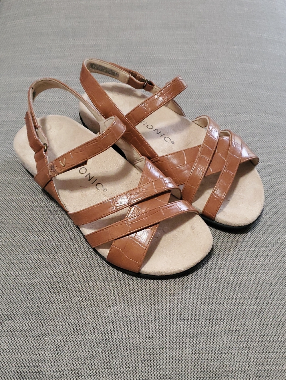 Vionic Mirabi Brown Croc-Embossed Strappy Slingback Sandals